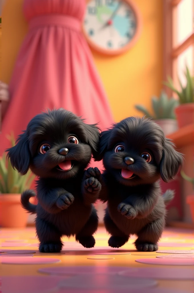 2 adorable black shih tzu puppies dancing macarena 3D Pixar style