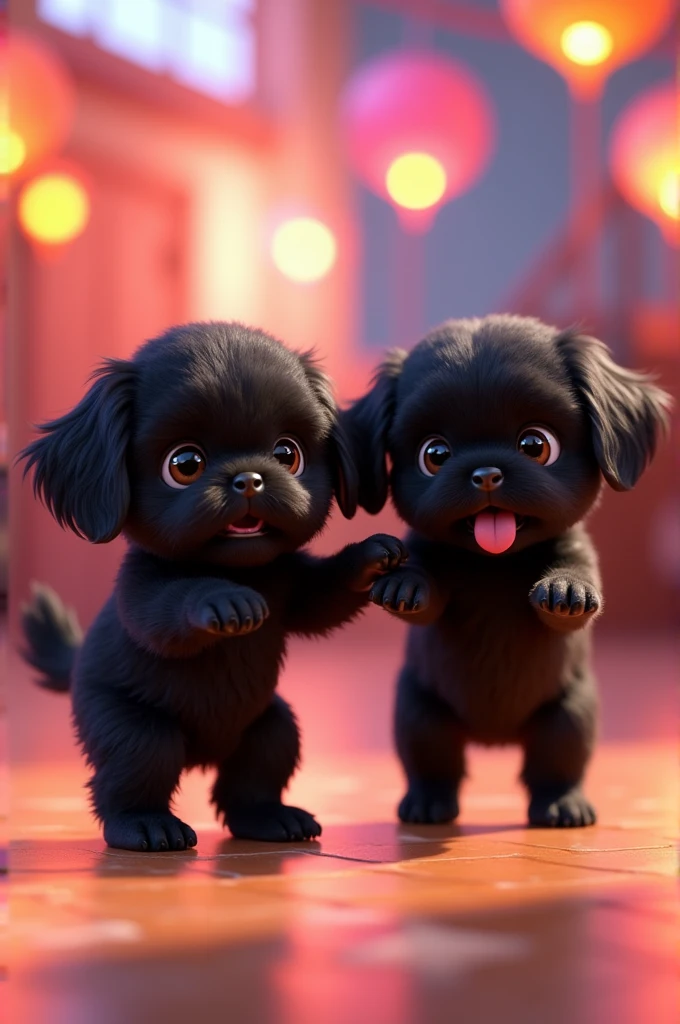 2 adorable black shih tzu puppies dancing macarena 3D Pixar style