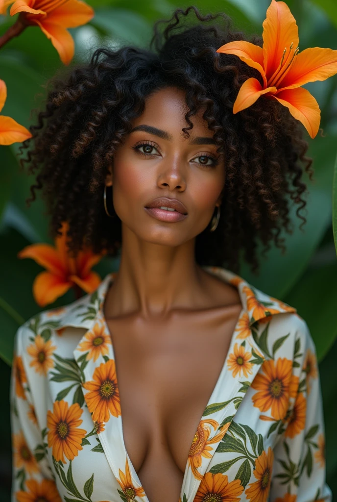 A Brazilian woman in a lush tropical garden, wearing an open shirt with a floral print, with a close-up capturing the harmonious beauty between her breasts and the natural flowers, showing off your natural charm and outgoing personality.