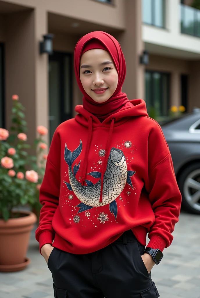 Beautiful Korean girl with smooth white skin. Well-groomed face, red hijab with an arowana fish pattern, red knit hoodie decorated with arowana fish, black cargo pants, cool watch, sitting in a luxury car smiling faintly facing the camera, in the middle. middle. The background is a large luxury house, there are roses blooming in pots, the photo is original and realistic