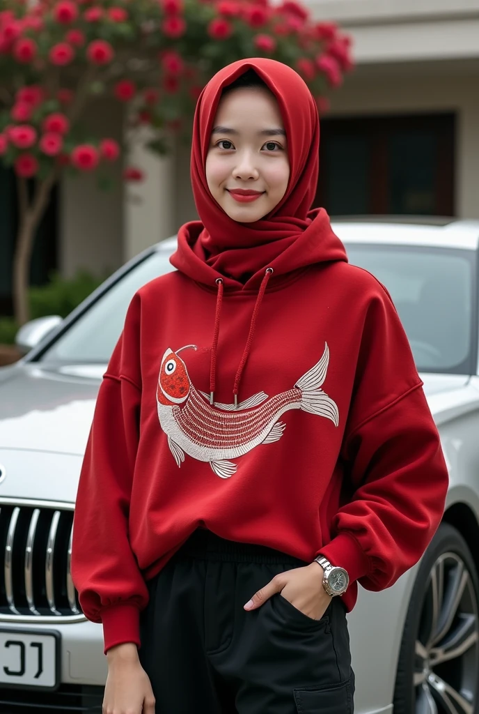 Beautiful Korean girl with smooth white skin. Well-groomed face, red hijab with an arowana fish pattern, red knit hoodie decorated with arowana fish, black cargo pants, cool watch, sitting in a luxury car smiling faintly facing the camera, in the middle. middle. The background is a large luxury house, there are roses blooming in pots, the photo is original and realistic
