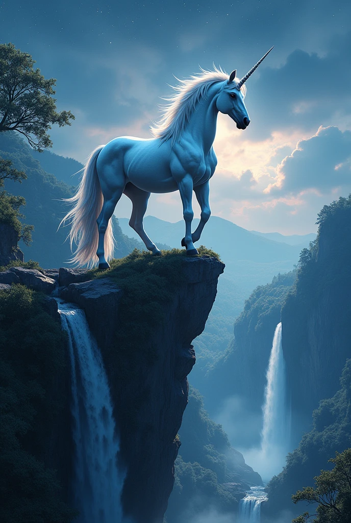 unicorn standing on a cliff with waterfall and stars in the background, concept art by Alexander Kucharsky, trending on cgsociety, fantasy art, unicorn flying in the sky, amazing wallpaper, hd wallpaper, mythical creatures, unicorn, breathtaking fantasy art, fantasy digital art, magic fantasy highly detailed, mythical creature, high quality desktop wallpaper, 4 k hd wallpaper very detailed, fantasy highly detailed, detailed fantasy digital art, makeup, Realism, cinematic lighting, UHD, 4K, super detail, anatomically correct, highres