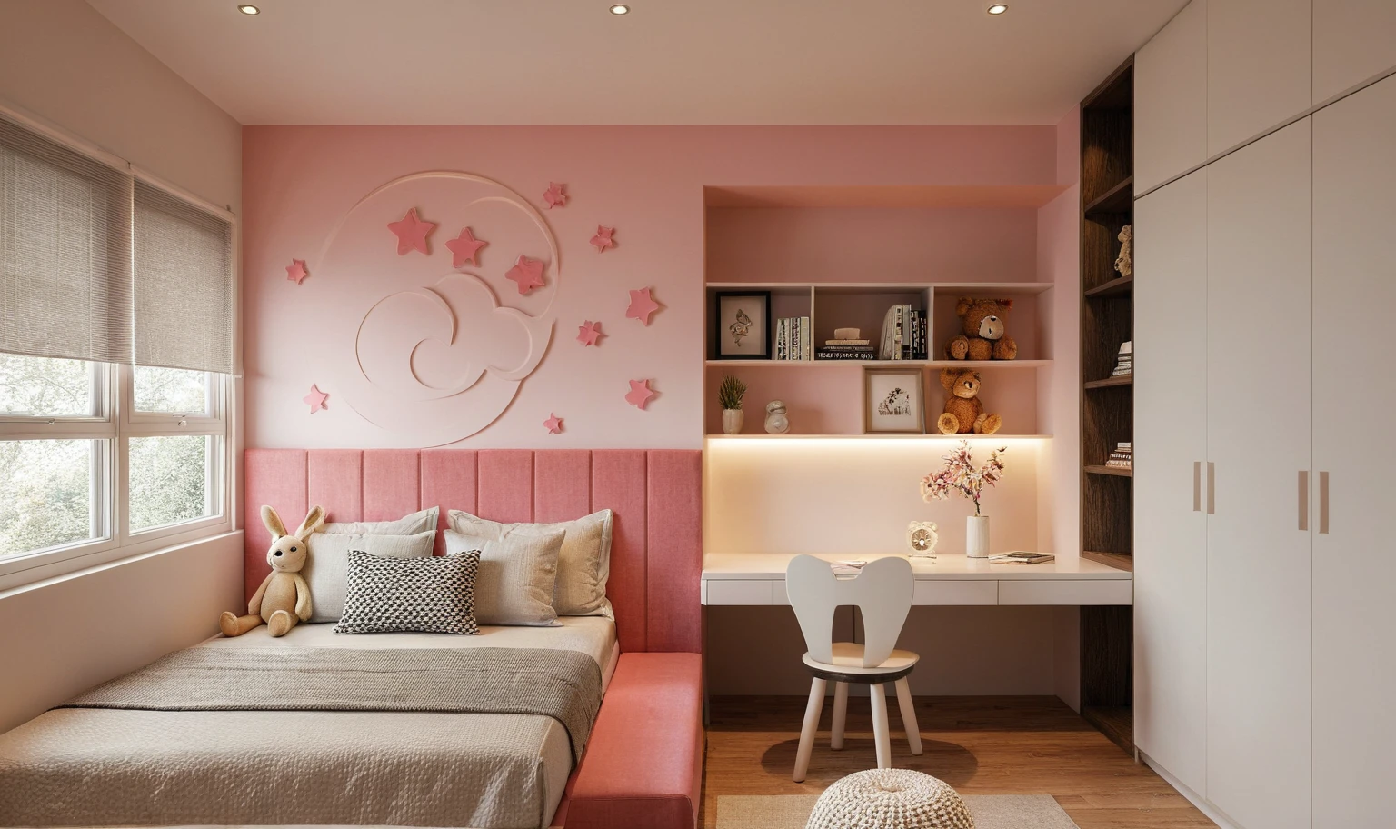 Raw photo,Masterpiece, high quality, best quality, authentic, surreal, super detail, interior, children's bedroom, wooden floor, use lots of curves, (curved wall), indoors, white wall, light pink accent, (daylight:1.1), vivid color, (realistic:1.2 ),
