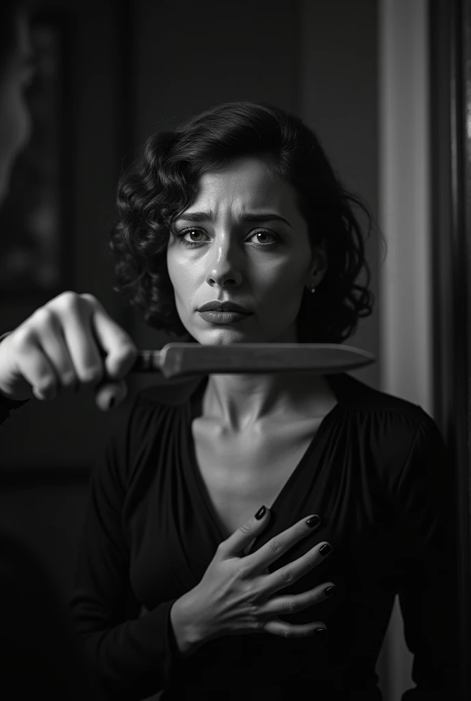 someone's hand holding a knife on a 1woman's neck, 1woman crying, looking front, 1920s era, black and white photography, woman is distressed, high contrast, dramatic lighting, cinematic composition, chiaroscuro, moody, ominous, suspenseful, (best quality,8k,highres,masterpiece:1.2),ultra-detailed,realistic,photo-realistic:1.37,dramatic,cinematic,dark,gritty,noir