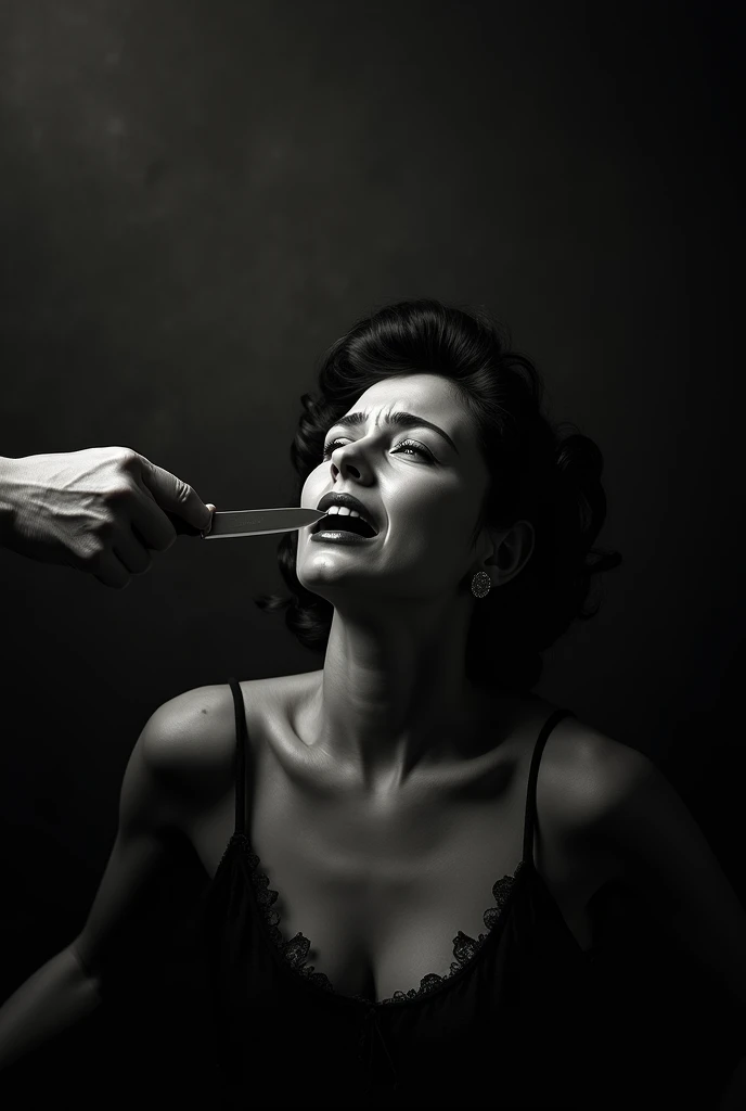 someone's hand holding a knife on a 1woman's neck, 1woman crying, looking front, 1920s era, black and white photography, woman is distressed, high contrast, dramatic lighting, cinematic composition, chiaroscuro, moody, ominous, suspenseful, (best quality,8k,highres,masterpiece:1.2),ultra-detailed,realistic,photo-realistic:1.37,dramatic,cinematic,dark,gritty,noir