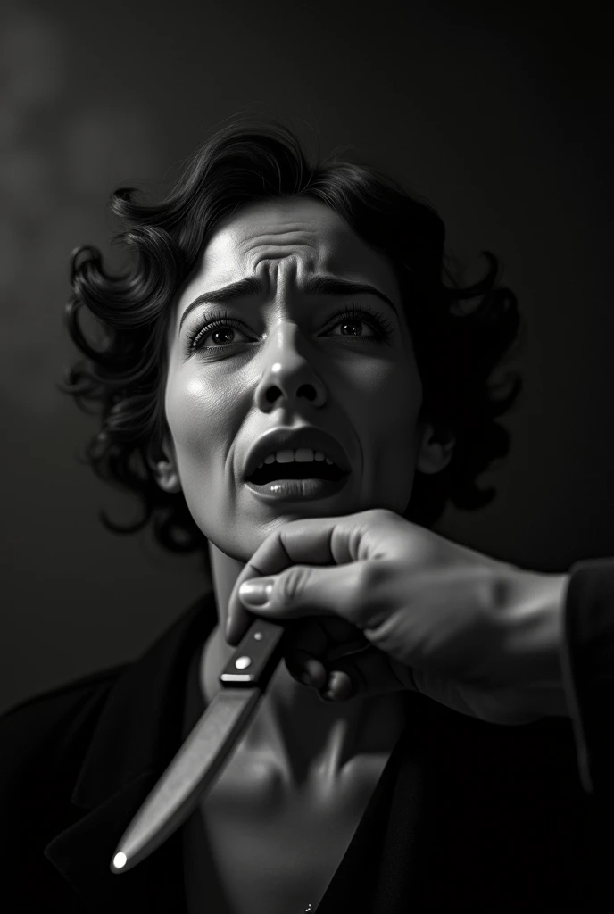 someone's hand holding a knife on a 1woman's neck, 1woman crying, looking front, 1920s era, black and white photography, woman is distressed, high contrast, dramatic lighting, cinematic composition, chiaroscuro, moody, ominous, suspenseful, (best quality,8k,highres,masterpiece:1.2),ultra-detailed,realistic,photo-realistic:1.37,dramatic,cinematic,dark,gritty,noir