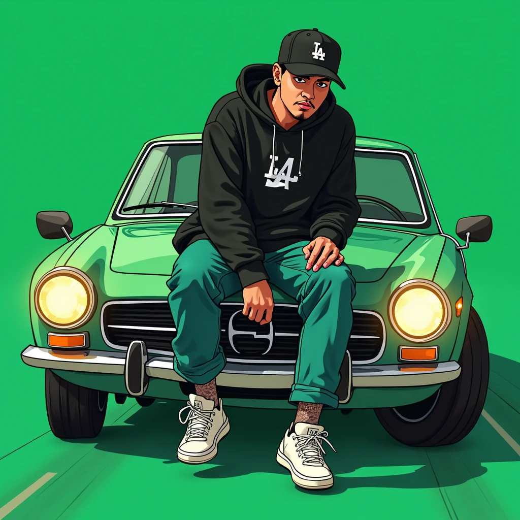 
Image of a man sitting on the bonnet of a car, Yoshihiko Wada&#39;s album cover, winner of the behance contest, Doodle, official artwork, rap album cover, hip - hop album art cover, colored album art, hip hop music album cover, rap album cover art, official fanart, GTA Cover, hip hop album cover, album art cover, cartoon, Disgruntled Asian Boy, Running car, Green background, green tea, Deep pressed black LA ball cap, white nike shoes, Black LA Hoodie, Jeans worn down