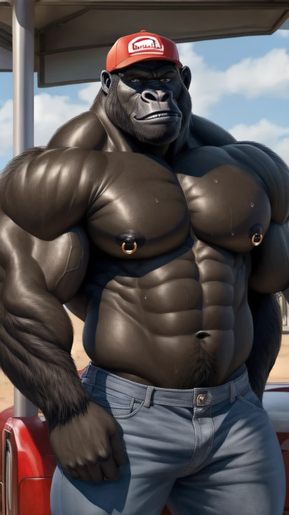 Close-up of an athletic muscular male gorilla, posing sensually, at a truck gas station, During the day, wearing jeans, wearing nipple piercings and wearing a cap, body wet with sweat, black skin, NSFW, big body, well detailed, ultra detailed, detailed muscles, Whole body.