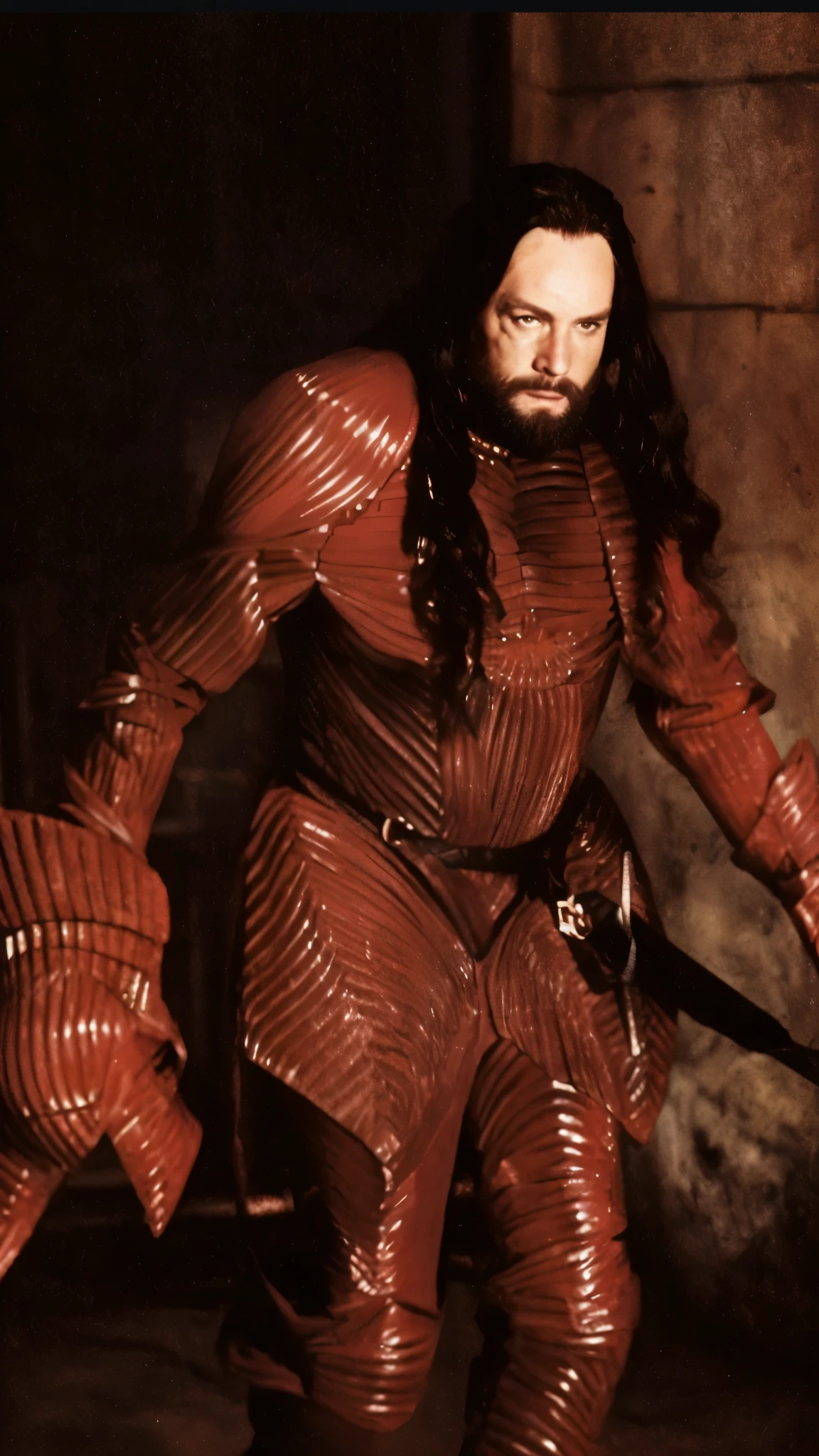 There's a man in red leather with a sword.。, skintight red leather armor, red skintight leather armor, Karl Urban as Dragon Slayer, movieエクスカリバー1 9 8 0, Red Armor, lacqueRed Armor, Covered with full leather armor, in a suit of armour, high-tech Red Armor, movie「Dune」