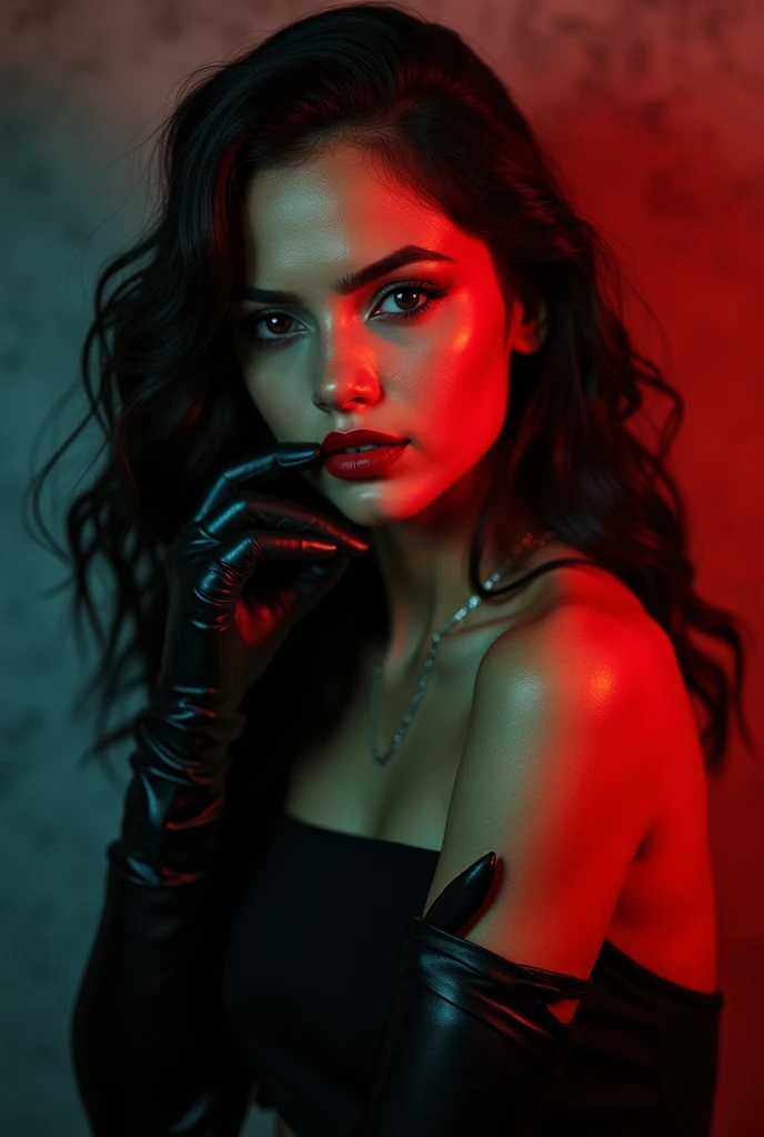 Realistic, masterpiece, highres, detailed, beautiful detailed face, Realistic skin, Super quality, an extremely detailed cg unity 8k, ultra hd, photorealism, ultrarealistic, Jenna Ortega, {{{{noir}}}}, {{{{full color}}}}, {upper body}, beaty lips, {red lips smile}, black gloves