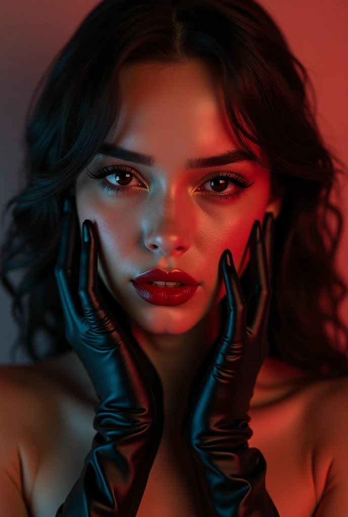 Realistic, masterpiece, highres, detailed, beautiful detailed face, Realistic skin, Super quality, an extremely detailed cg unity 8k, ultra hd, photorealism, ultrarealistic, Jenna Ortega, {{{{noir}}}}, {{{{full color}}}}, {upper body}, beaty lips, {red lips smile}, black gloves