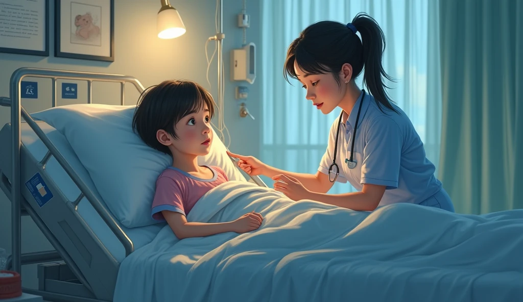 young patient in bed, Nurse in the room and a woman (the patient's mother)