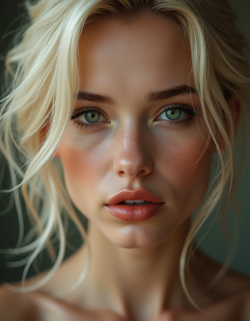 (((best qualityer))), highly detailed, high resolution. 2 female, blondie hair, clear green eyes, fleshy lips, heavy make-up, with hair thrown to the side, the right ear appearing portrait style