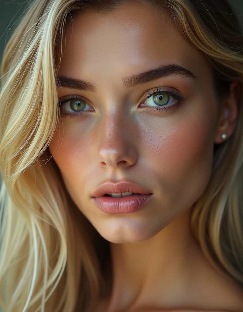 (((best qualityer))), highly detailed, high resolution. 2 female, blondie hair, clear green eyes, fleshy lips, heavy make-up, with hair thrown to the side, the right ear appearing portrait style 