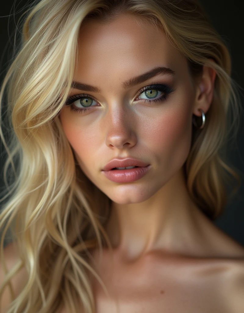 (((best qualityer))), highly detailed, high resolution. 2 female, blondie hair, clear green eyes, fleshy lips, heavy make-up, with hair thrown to the side, the right ear appearing portrait style