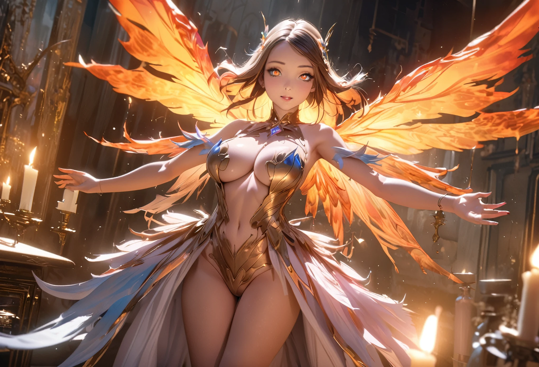 A beautiful fairy phoenix, a cute woman with flame feather sexy outfit, flaming hair, flaming moth wings, flitting away from a candle in a dim wizard's laboratory, high fantasy, masterpiece, 8k, photorealistic, cinematic lighting, dramatic colors, intricate details, ethereal atmosphere, glowing feathers, mesmerizing eyes, delicate features, graceful pose, magical energy, enchanting environment, mysterious laboratory, flickering candle, dark shadows, atmospheric lighting