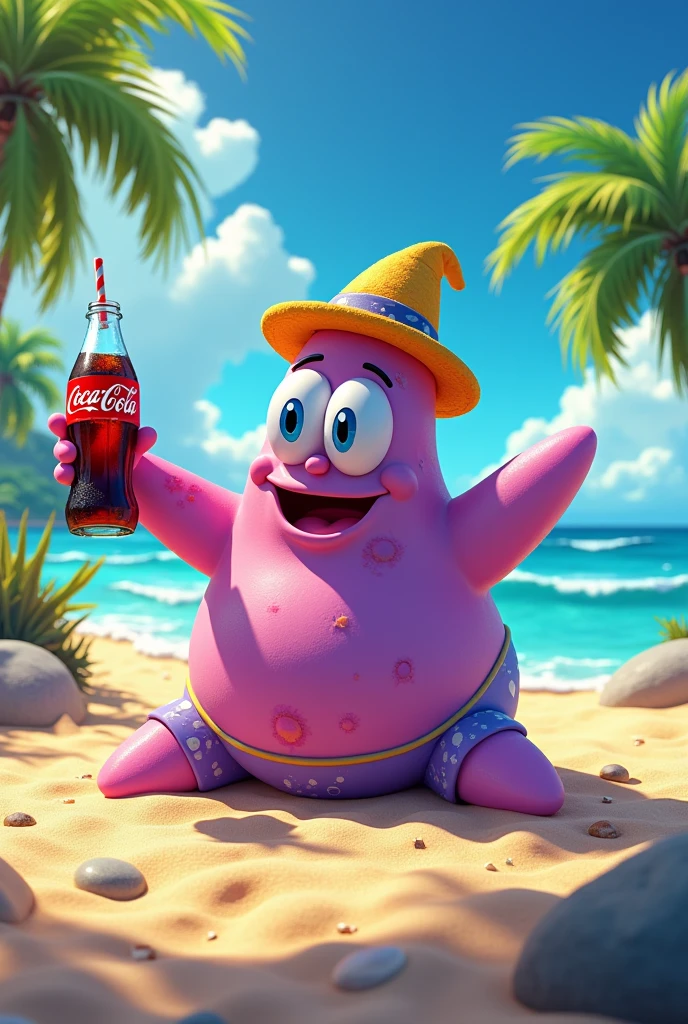 Patrick star purple,drinking coca cola,with a hat,On Copacabana beach