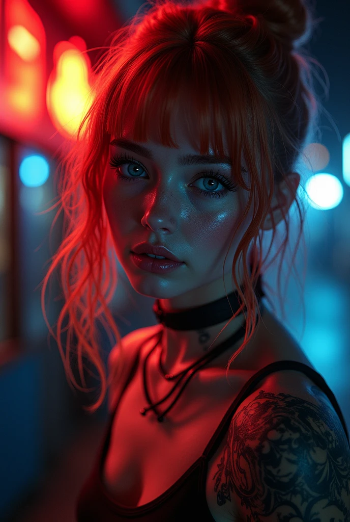 light red hair, vibrant blue eyes, pale white skin, portrait, rock clothing, band clothing, fine nose, thin chin, dark night scene, tattooed , RAW color art with high detail., (detailed skin, skin texture), (muscle), intricate details, fine details, hyperdetailed, ray tracing, subsurface dispersion, soft and diffuse lighting, red and blue spotlight, por Jeremy Mann, Greg Manchess, Antonio Moro, trend in artstation, trend on CGSociety, Intricate, High detail, sharp focus, Dramatic, photorealistic Midjourney painting, background bokeh, pub, Best Quality, masterpiece, only 1 girl, halfbody portrait, dark atmosphere at night, look at the viewer, night bar, country scene, Oregon, quiet city, Whole body,