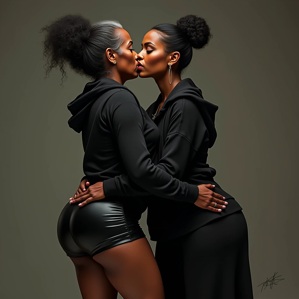 black woman hair in a bun black hoodie black leather short shorts a old grandma in a dress kissing her ass behind her squeezing her butt
