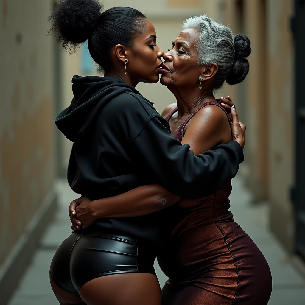 black woman hair in a bun black hoodie   black leather short shorts   a old grandma in a dress  kissing her ass behind her squeezing her butt