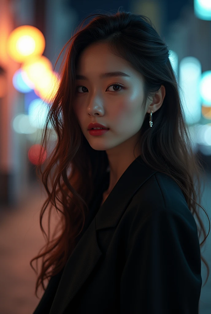 (Cinematic Aesthetic:1.4) Photo of a beautiful korean fashion model bokeh city night