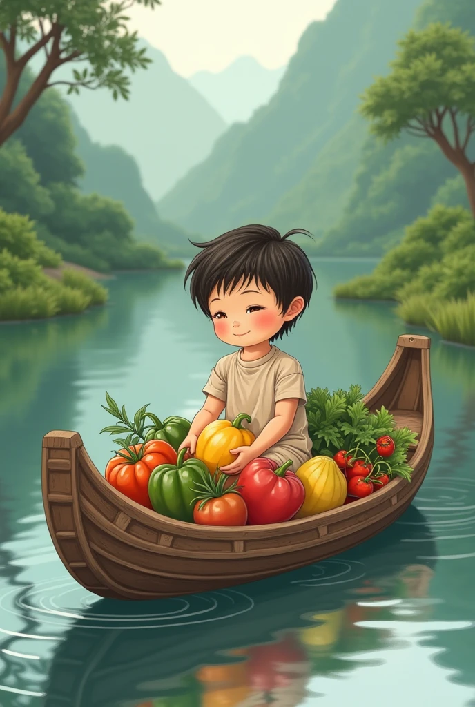 2D IMAGE SHOWING A CHILD ON A CANOE CARRYING FRUIT AND VEGETABLE FOOD