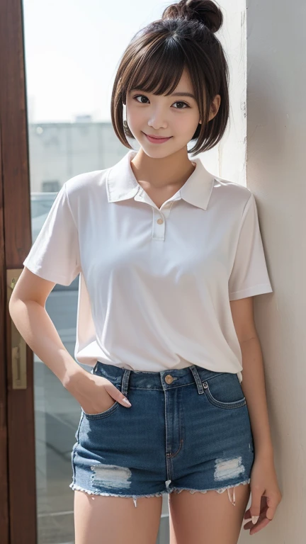 Neat and clean,young girl,Slim body、Photorealsitic、detaileds, shoot from below,Skin Texture, ultra-detailliert、A smile、Super Detailed Face、Detailed lips、A detailed eye、tiny ches,Smaller chest、flat chest、Chest emphasis、Bright face,Shorthair with bangs,hair bun,(wearing a smock clothes),woolen shorts,in primary school