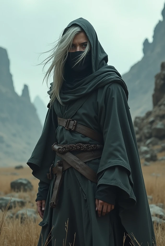 CAI, white hair with black poncho and bandana on face
