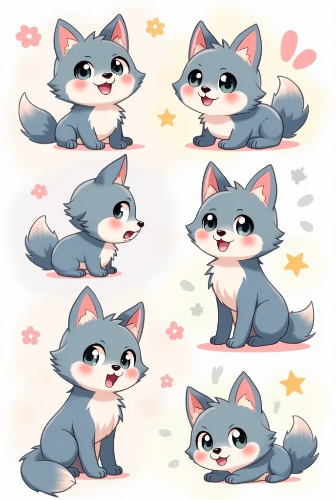 believe me model sheet of a kawaii cartoon style wolf