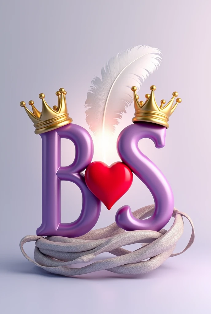 A 3d render of the two letters "B" and "S" in a purple and gold metallic font with golden British crowns above both letters and a white feather , with a light shine behind the word, and a silver swirl underneath. A red heart between both letters, The background is a light gray.