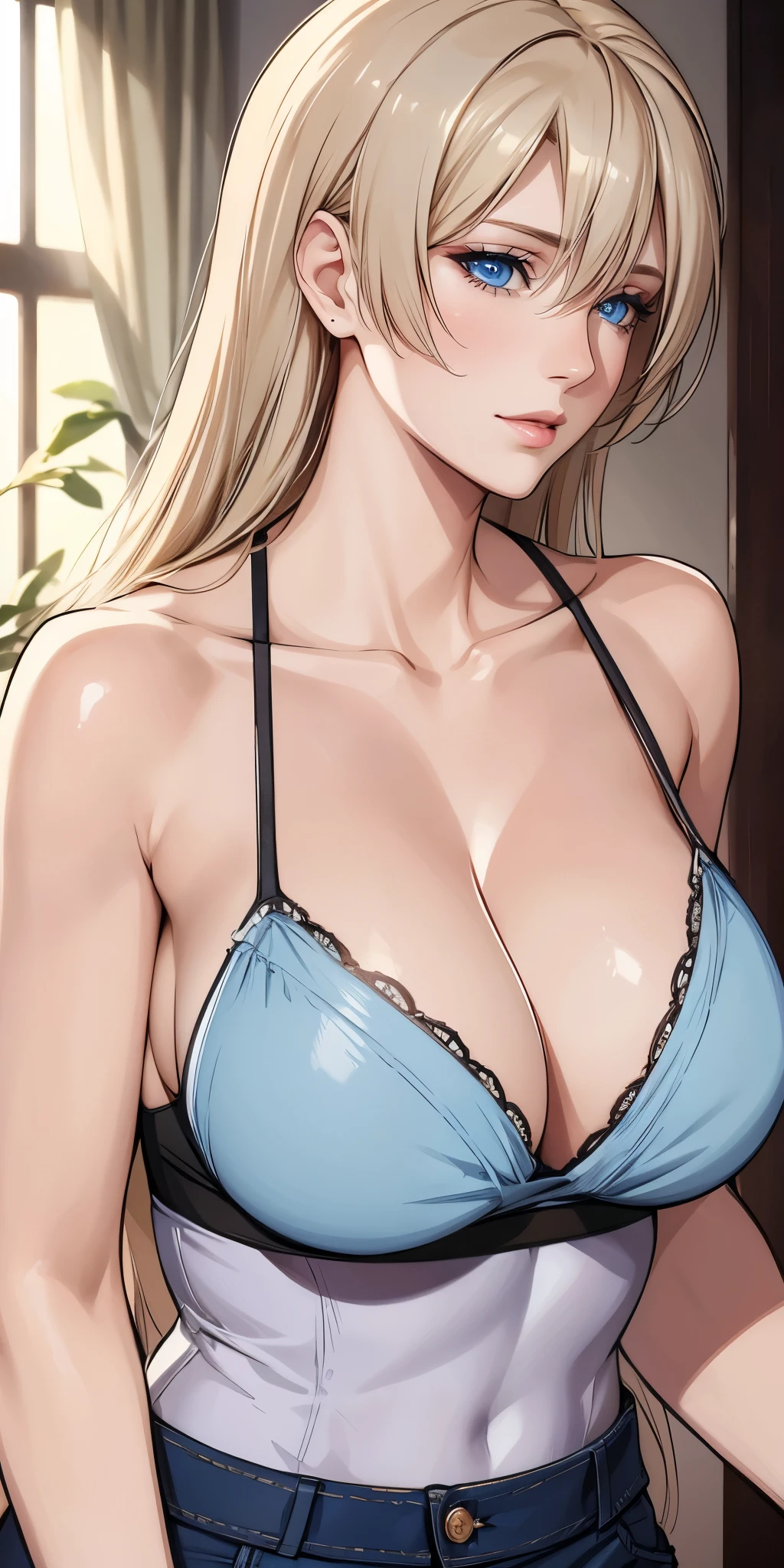 Elegant mature woman, blue eyes, camisole, soft light, 4k resolution, high quality, beautiful cg
