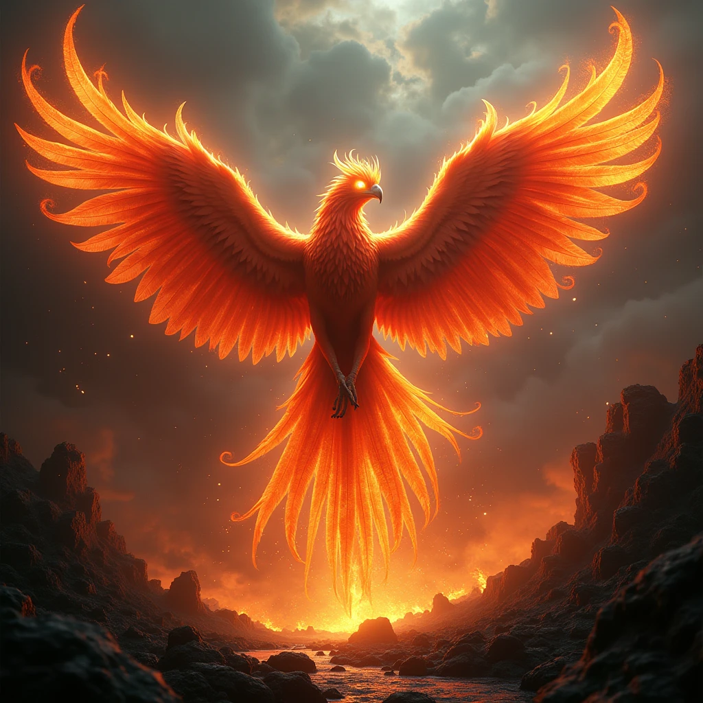 a beautiful phoenix bird emerging from a fiery volcanic crater, detailed feathers, glowing eyes, spreading wings, dramatic lighting, cinematic, hyperrealistic, 8k, masterpiece, dramatic lighting, vibrant colors, fiery atmosphere, photorealistic, ultra-detailed, intricate details, powerful bird, mystical, spiritual, otherworldly, fantasy, dark moody tones, dramatic lighting, cinematic composition, volumetric lighting, dramatic shadows, vivid colors, hyperrealistic, photorealistic, 8k, masterpiece