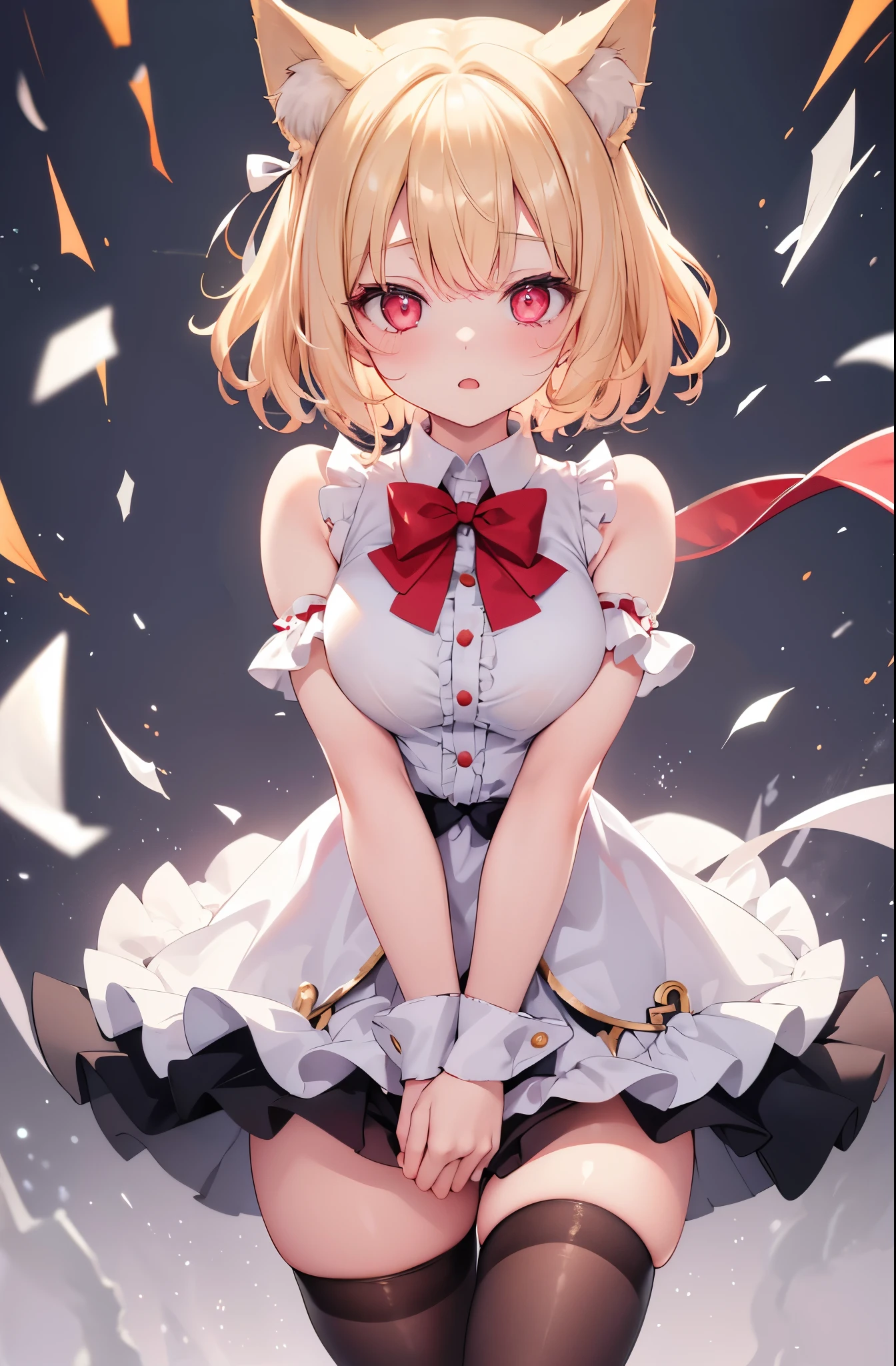 1girl,Sexy pretty girl,shiny gold platinum blonde hair, Bobcut,curly hair、Dog ears、Red sparkling eyes、detailed cute eyes,(glowing eyes:1.4),laugh heartily,((Droopy eyes)),small breasts,idle, (school festival frilled costume:1.3),(mini skirt:1.3),zettai ryouiki,bow tie,hair ribbon,large breast,(button gap:1.1),sleeveless,cuffs,tights,see-through,hugging own legs