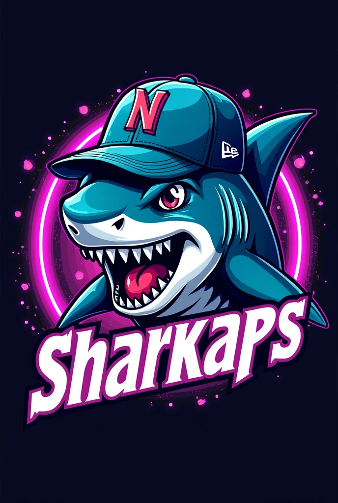 Gaming style logo of a shark with a New Era cap from back in the day, say sharkaps