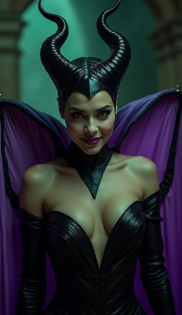 A stunning portrait of Maleficent, emphasis on her horns, purple highlights, purple reflected light, in the nude, young and beautiful, hyper realistic, real portrait, backlit, exquisite features, cleavage, sexy, seductive, unnatural light, soft light, location is the interior of a dungeon, green light, eerie, purple highlights:1.4, she is smirking, she is busty, her chin is raised, looking down at viewer, low angle shot, exquisite features, exotic, high cheekbones