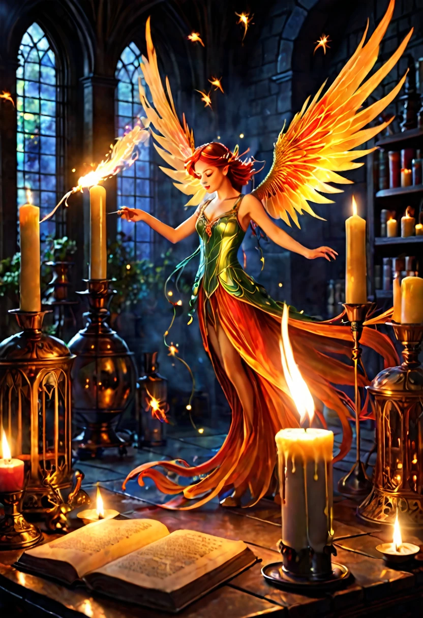 A fairy phoenix flits away from a candle in a dim Wizards laboratory