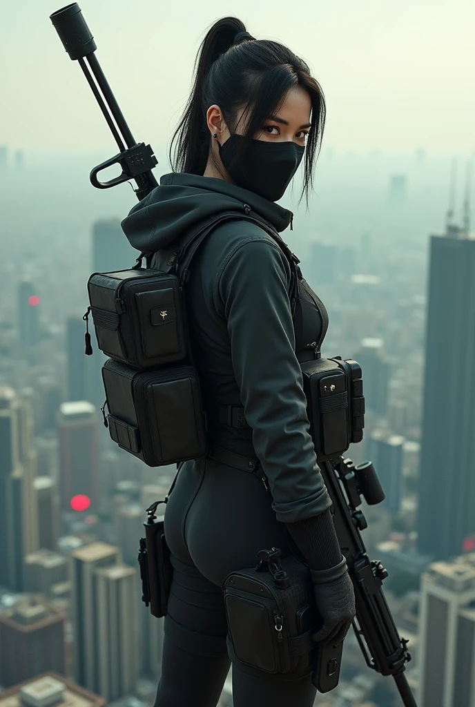 Vietnamese female sniper wearing a tight-fitting cloth mask standing on the roof of a high-rise building