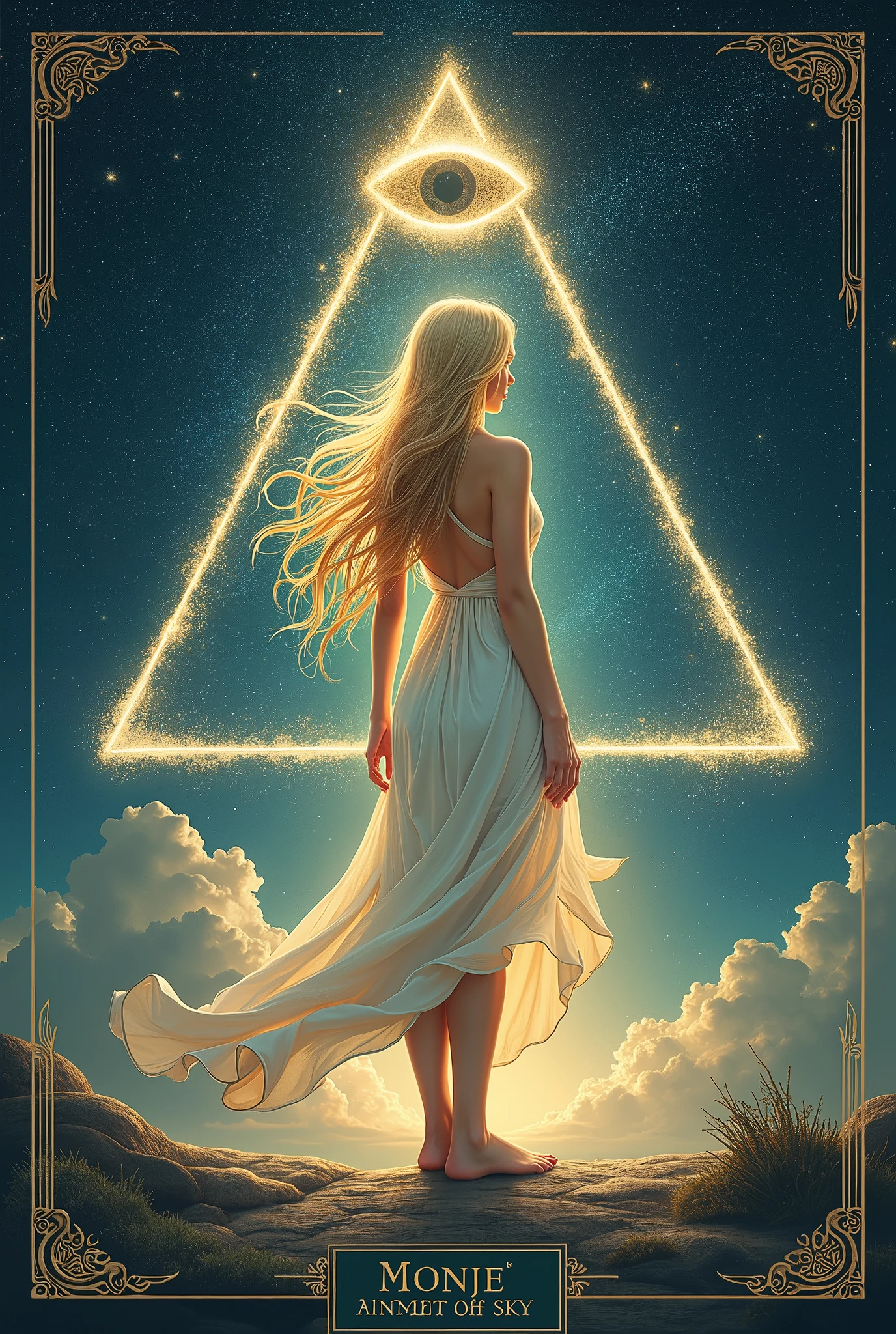 label for beer "MONJE OF SKY":

central character: A beautiful blonde woman in an elegant dress,  barefoot.
Symbolic Element: The woman is located inside an equilateral triangle, that stands out in the design.
bottom: A starry night sky, using light and soft colors.
Mystical element: in the sky, There is a second smaller equilateral triangle with an eye in the center (in the style "All-seeing eye").