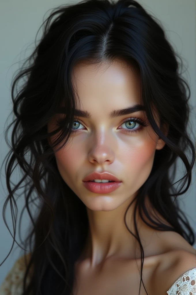 White woman with black hair and blue eyes