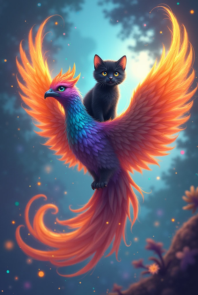 A beautiful rainbow-colored phoenix、Black kitten riding a phoenix、big headed kitten、Between Time and Space
