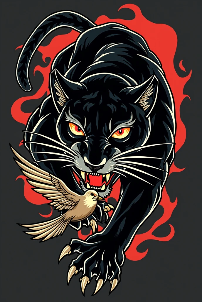 Traditional tattoo of a panther with red eyes and sharp claws biting a bird