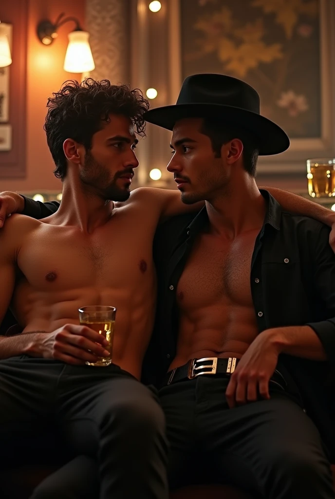 Handsome guy, Beautiful, skinny, white-faced, Beautiful soft skin, shirtless, In a cowboy with a handsome friend at his side sitting in a bar in a black shirt and black hat the young man sits on his friend's knees while enjoying a shot of tequila