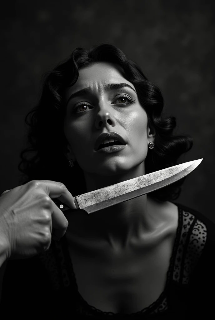 someone's hand holding a knife on a 1woman's neck, 1woman crying, looking front, 1920s era, black and white photography, woman is distressed, high contrast, dramatic lighting, cinematic composition, chiaroscuro, moody, ominous, suspenseful, (best quality,8k,highres,masterpiece:1.2),ultra-detailed,realistic,photo-realistic:1.37,dramatic,cinematic,dark,gritty,noir