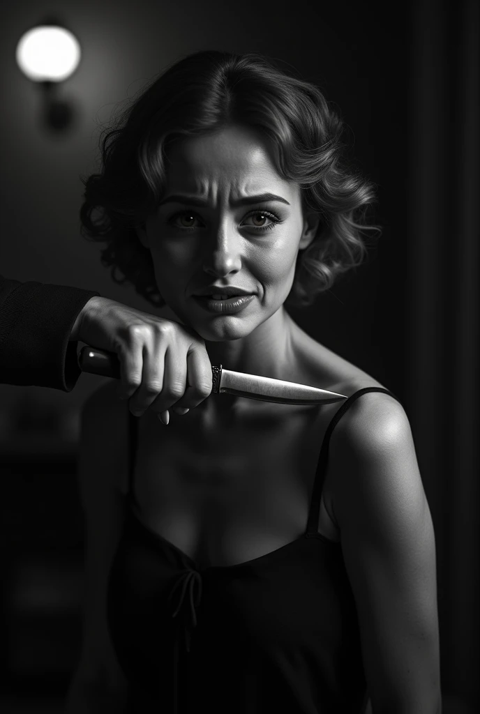 someone's hand holding a knife on a 1woman's neck, 1woman crying, looking front, 1920s era, black and white photography, woman is distressed, high contrast, dramatic lighting, cinematic composition, chiaroscuro, moody, ominous, suspenseful, (best quality,8k,highres,masterpiece:1.2),ultra-detailed,realistic,photo-realistic:1.37,dramatic,cinematic,dark,gritty,????