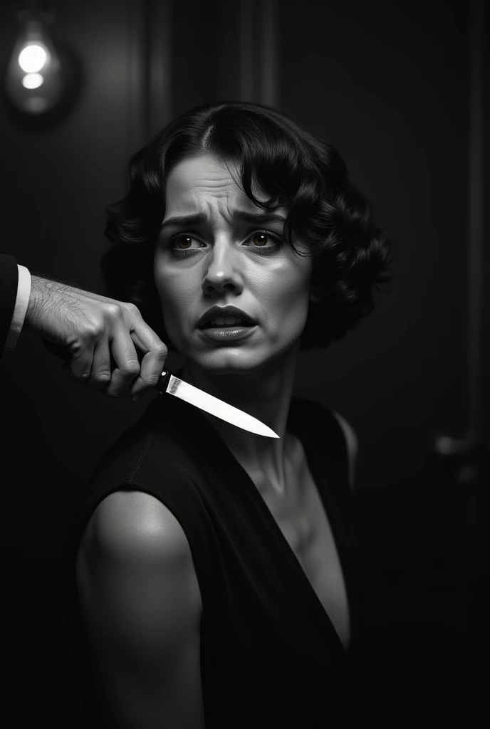 someone's hand holding a knife on a 1woman's neck, 1woman crying, looking front, 1920s era, black and white photography, woman is distressed, high contrast, dramatic lighting, cinematic composition, chiaroscuro, moody, ominous, suspenseful, (best quality,8k,highres,masterpiece:1.2),ultra-detailed,realistic,photo-realistic:1.37,dramatic,cinematic,dark,gritty,noir
