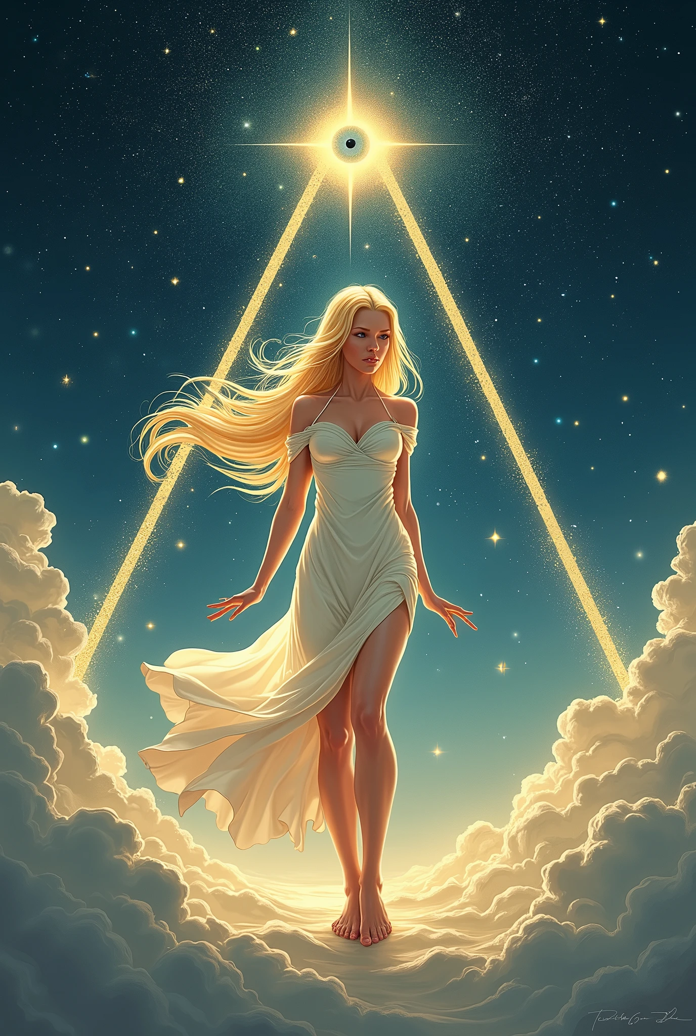 label for beer "MONJE OF SKY":

central character: A beautiful blonde woman in an elegant dress,  barefoot.
Symbolic Element: The woman is located inside an equilateral triangle, that stands out in the design.
bottom: A starry night sky, using light and soft colors.
Mystical element: in the sky, There is a second smaller equilateral triangle with an eye in the center (in the style "All-seeing eye").