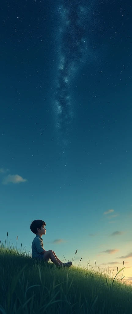 A realistic image of a boy sitting on a hill looking at the clear sky at night tall grasses lonely