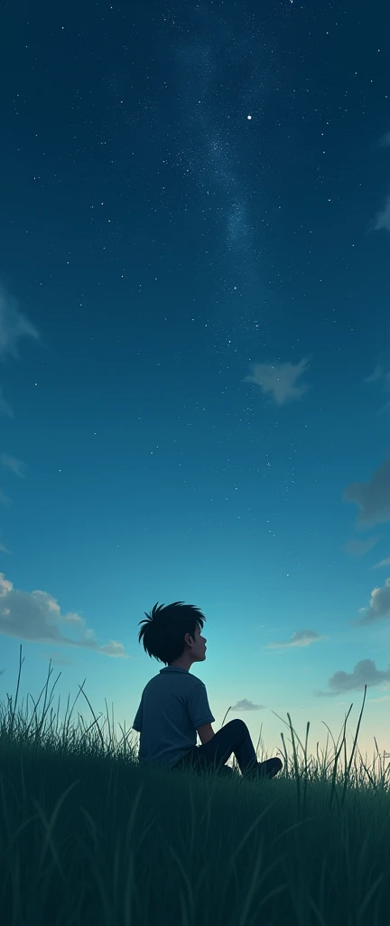 A realistic image of a boy sitting on a hill looking at the clear sky at night tall grasses lonely