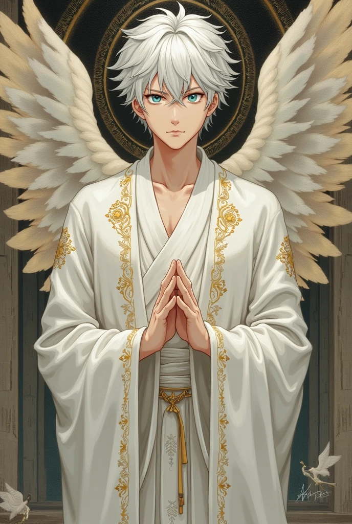 Ancient art image of jujutsu kaisen character Gojo satoru as an angel in white clothes