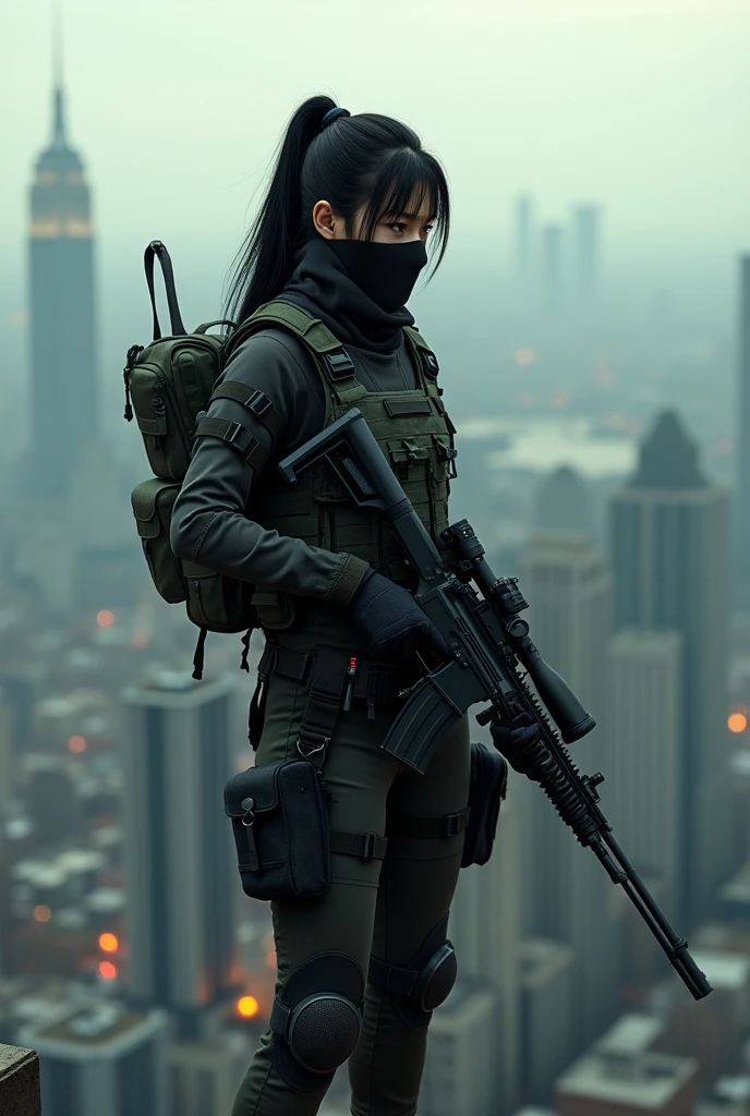 Vietnamese female sniper wearing a tight-fitting cloth mask standing on the roof of a high-rise building